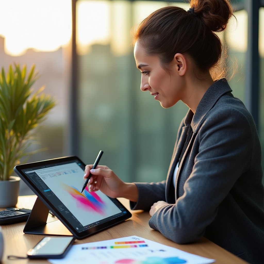 Instructor designer grafic lucrând pe tabletă